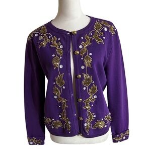 Beautiful vintage Anne Klein cardigan sweater in rich purple and gold embroidery